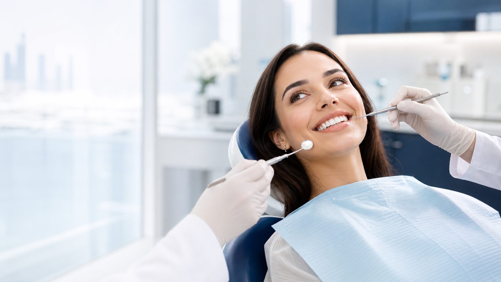 Smiling dental patient during a gentle checkup