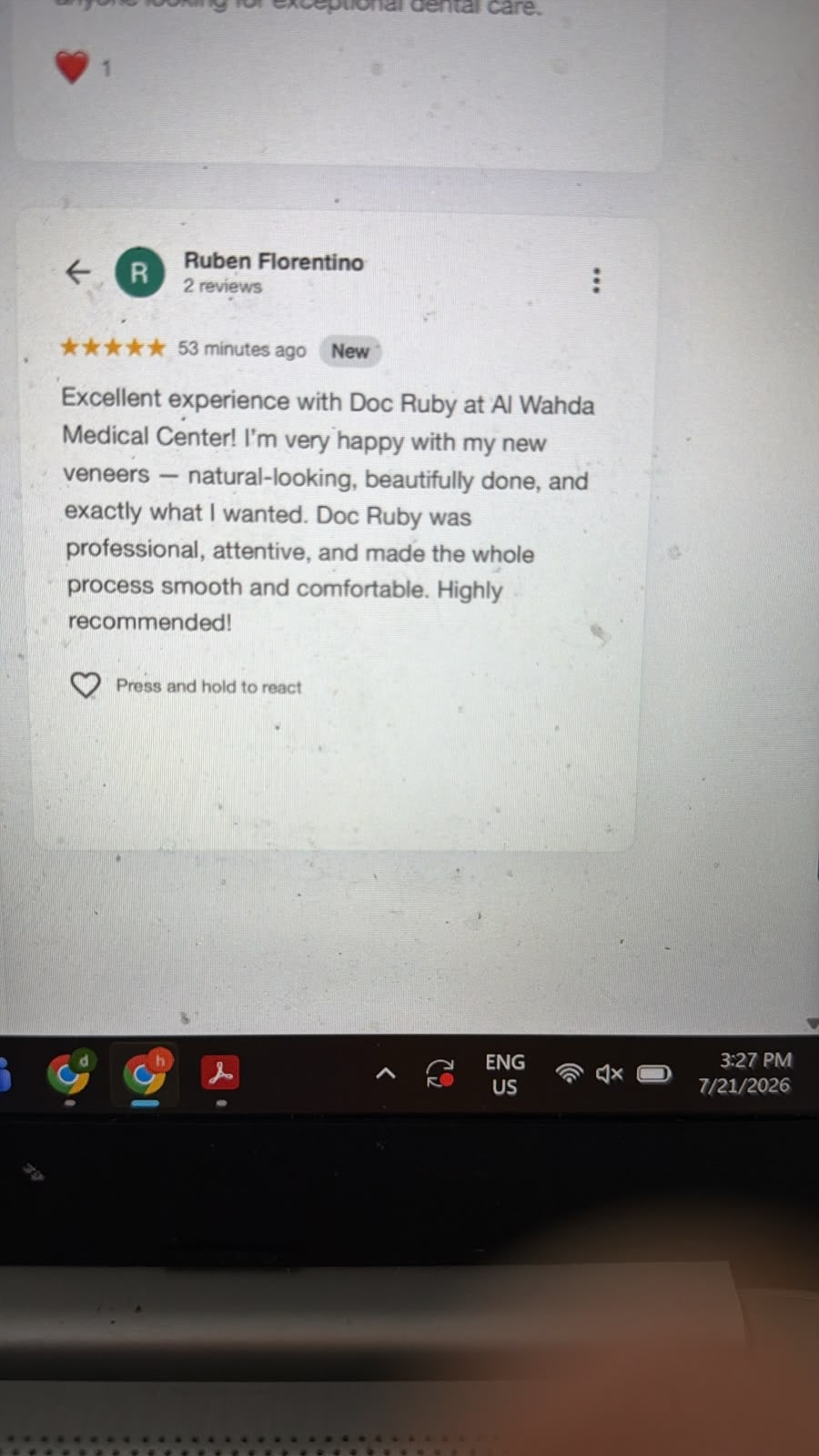 Ruben Florentino five-star Dentiva veneers review screenshot