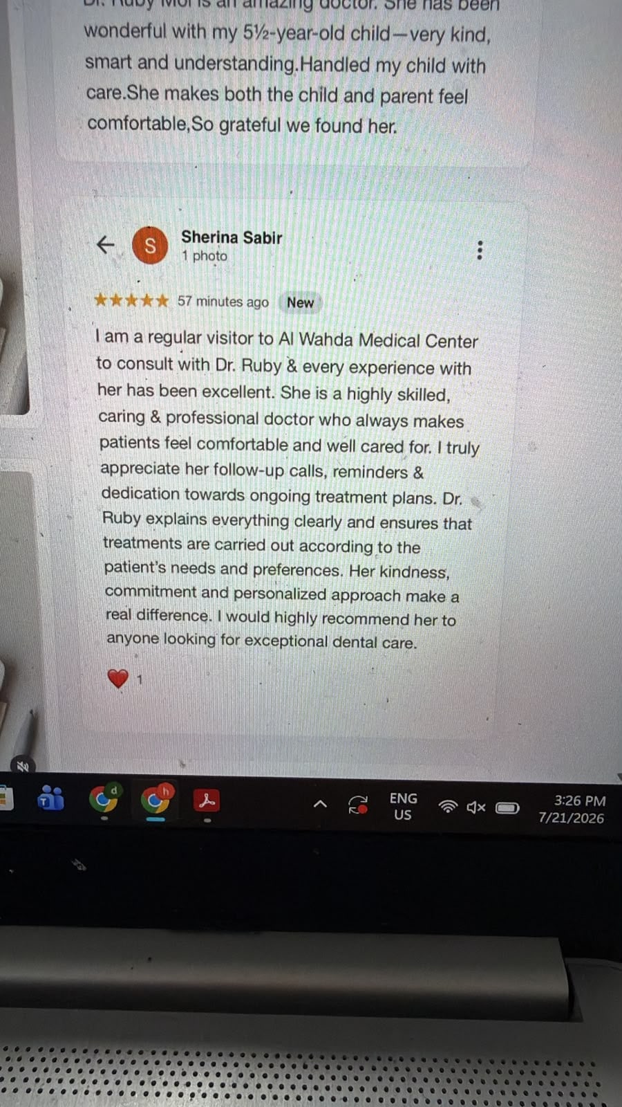 Sherina Sabir five-star Dentiva patient review screenshot